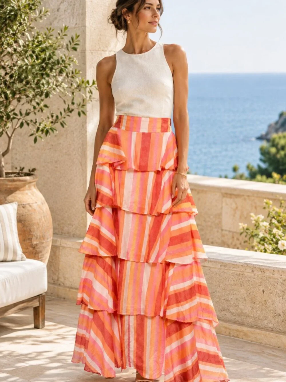 Shore Striped Tiered Maxi Skirt Coral Pink Orange Ruffle S NWOT